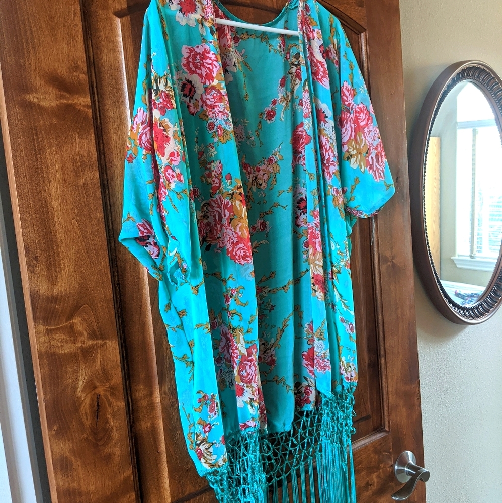 Teal floral kimono with fringe